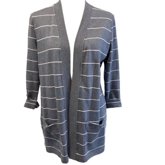 Karen Scott Blue and white Striped cardigan sweater Medium - Picture 1 of 5